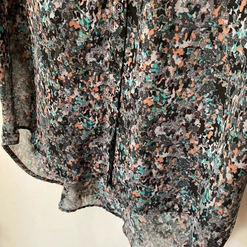 Socialite Button Down Cuff Sleeve 3/4 Sleeve Multicolor Print Open Back Blouse L - Picture 5 of 16
